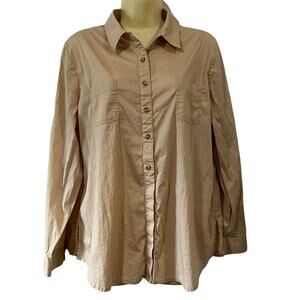 Chico’s 2 Beige Tan Cotton Blend Blouse Woman Size 12 Convertible Sleeves